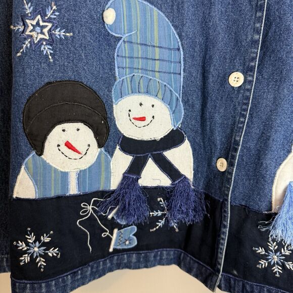 Vintage Karen Hart Womens Large Snowman Denim Jacket Winter GrandmaCore 90s - Picture 3 of 11